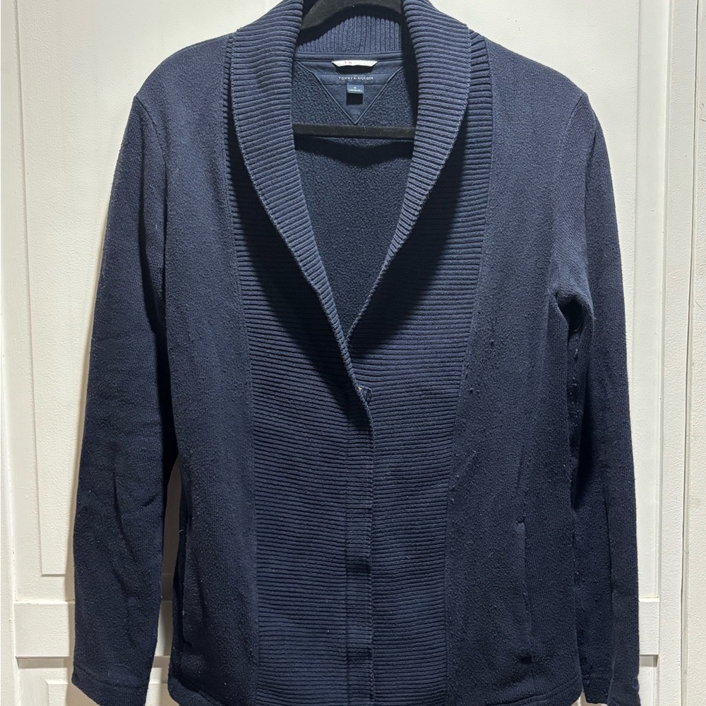 Athluxe Tommy Hiilfigure Navy Shawl‎ Collar Cardigan Wome’s Size Medium